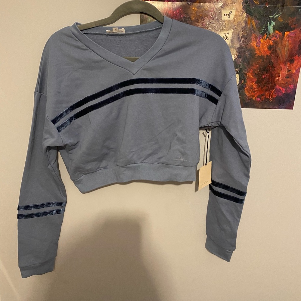 blue cropped v neck with velvet stripes